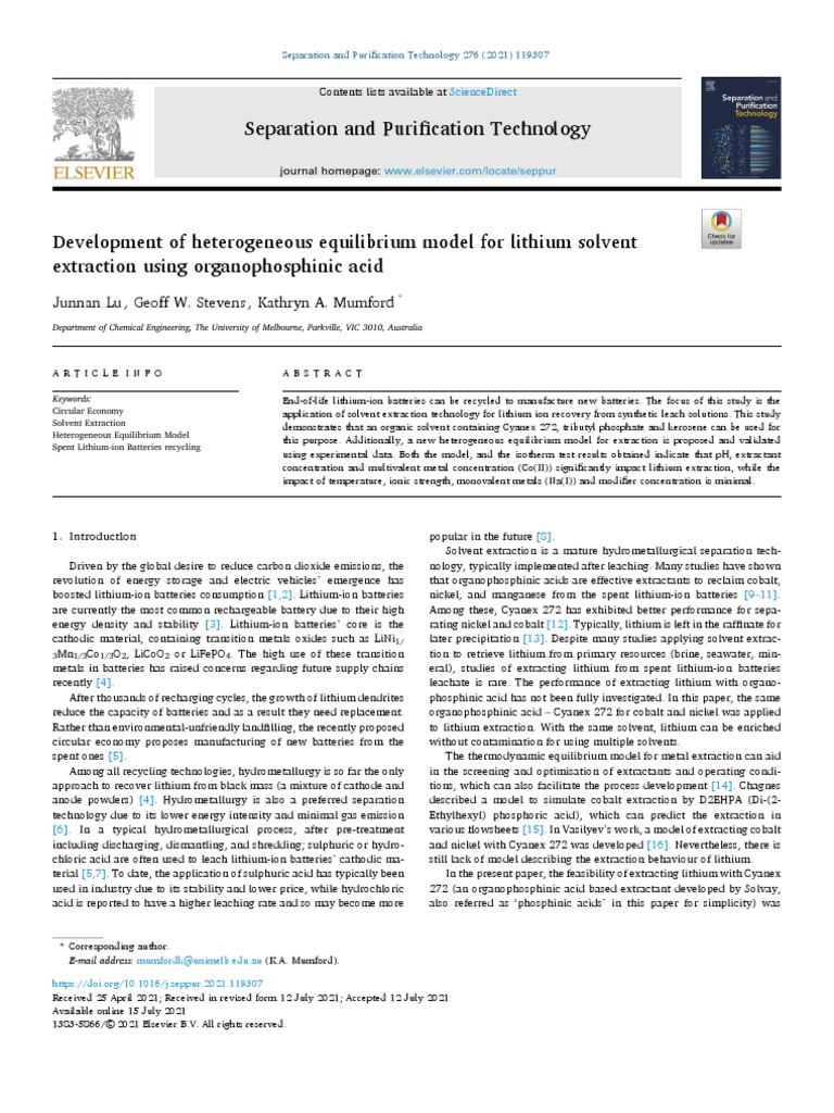 Development of Heterogeneous Equilibrium Model For Lithium Solvent Extraction Using