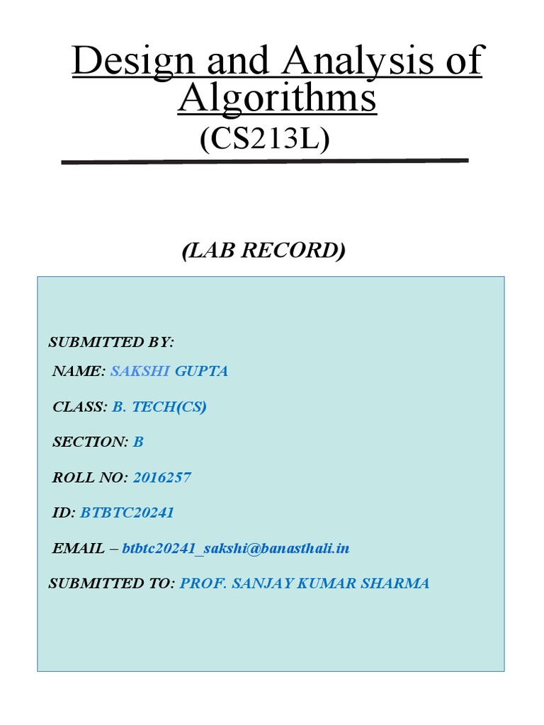 Design and Analysis of Algorithms: (Lab Record) | Descargar gratis PDF ...