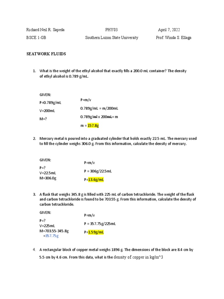 Seatwork Fluids 4. Density of Copper in KG/M 3 PDF Pressure