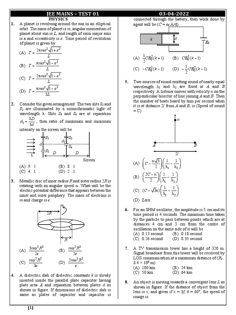 Jee Mains Test 01 03042022 PDF Capacitor Radioactive Decay