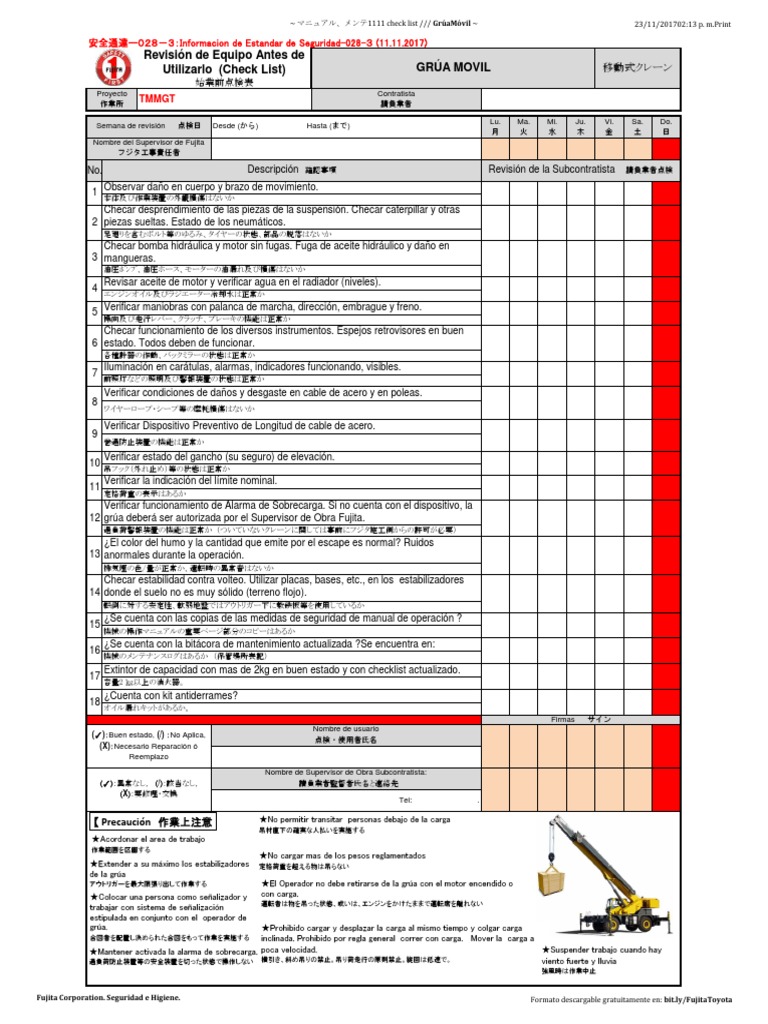 Checklist de Seguridad para Grúas Móviles | PDF | Tecnología de ...