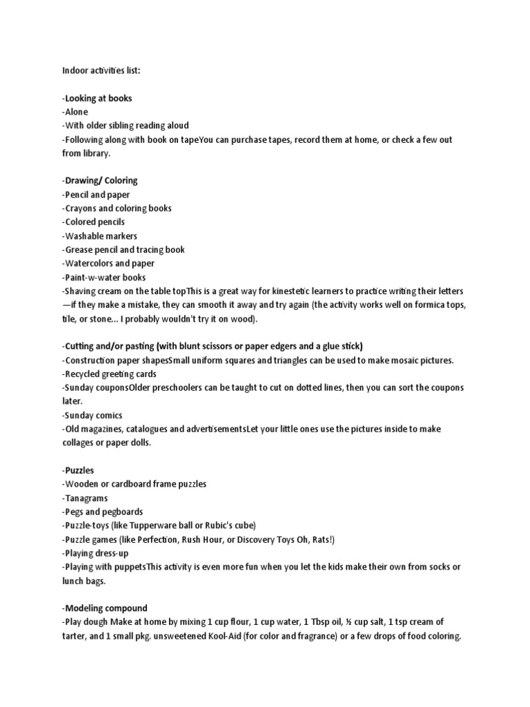 Indoor Activities List | PDF