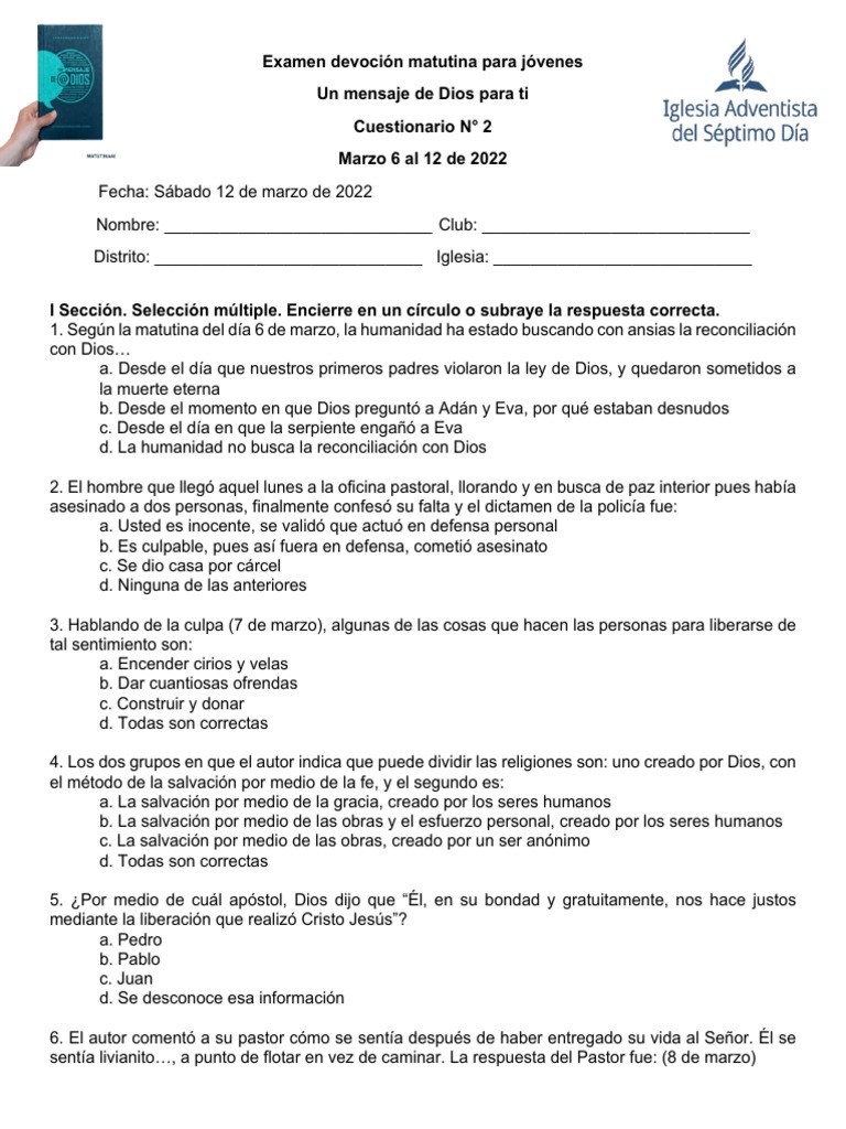 Examen de Devoción Matutina Juvenil | PDF | Salvación | Jesús