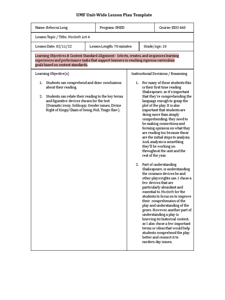 Macbeth Act 4 Lesson Plan Template | PDF | Reading Comprehension ...