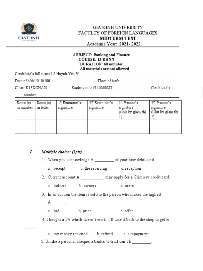 Banking and Finance Midterm Test 2021 | PDF | Banks | Money