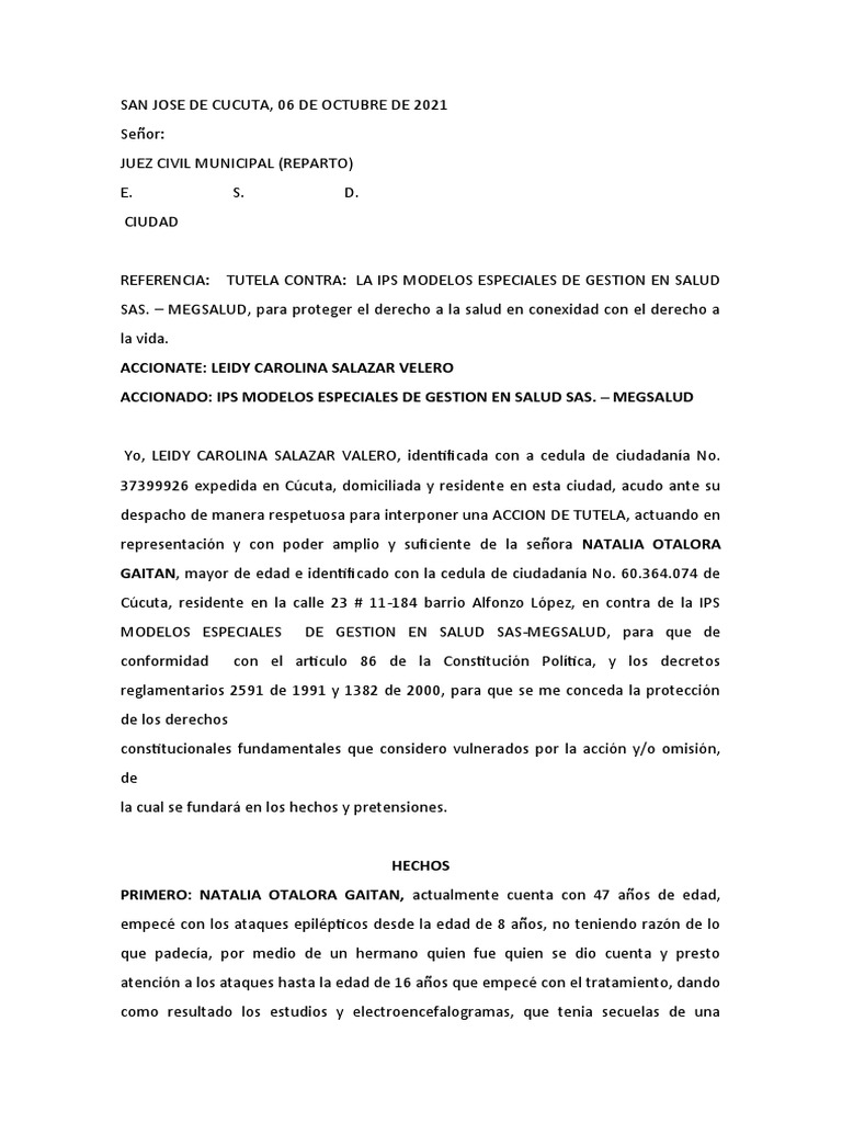Minuta o Modelo de Accion de Tutela | PDF | Demanda judicial | Derecho ...