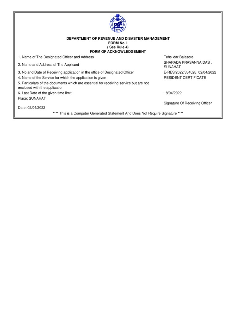 Department of Revenue and Disaster Management Form No. I (See Rule 4 ...