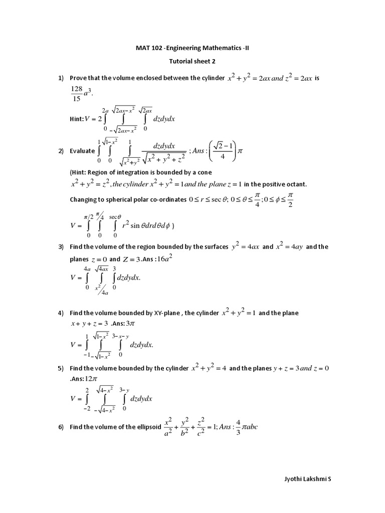 Tutorial Sheet 2 Multiple Integral Pdf Manifold Euclidean Geometry