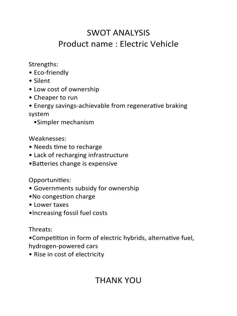 Swot Analysis Product Name Electric Vehicle PDF