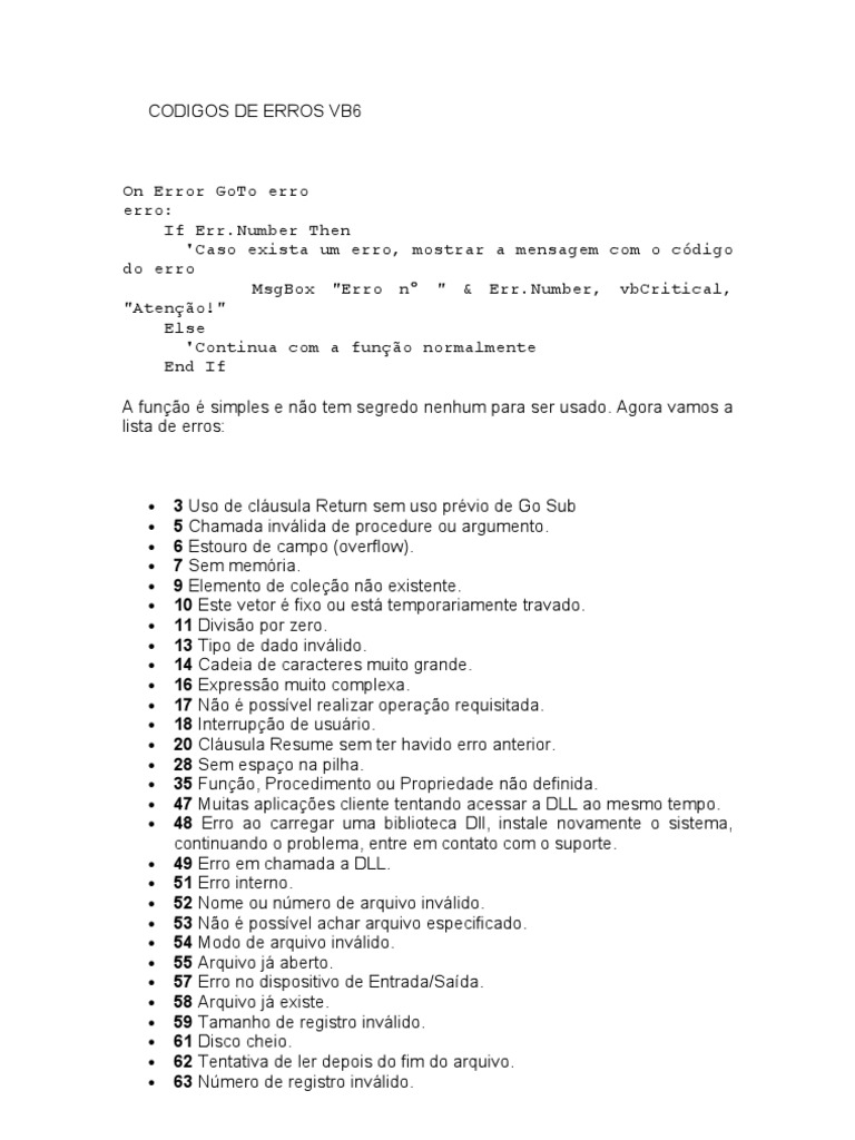 Códigos de Erros no VB6 | PDF | Tabela (banco de dados) | Registro do ...