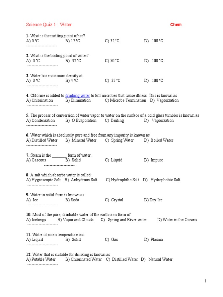 Water Science Quiz Questions and Answers | PDF | Ionic Bonding ...