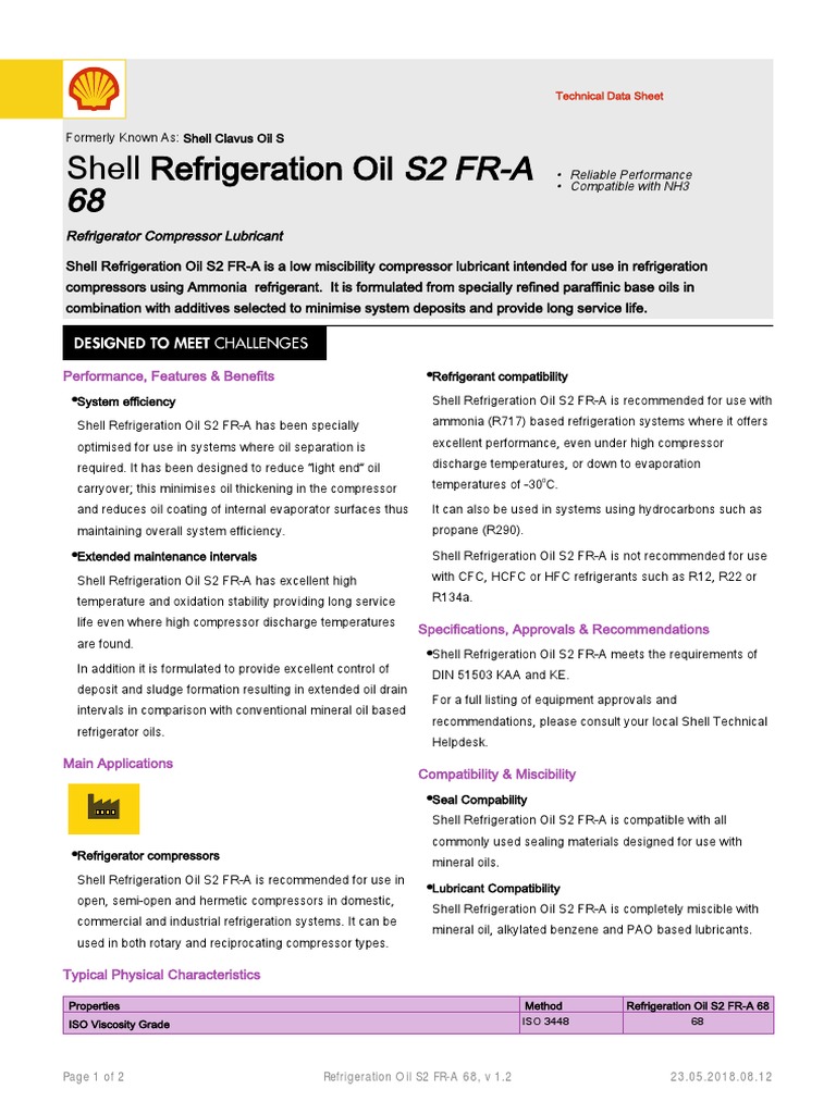 MDS SHELL Refrigeration Oil S2 FRA 68 PDF Refrigeration Refrigerator