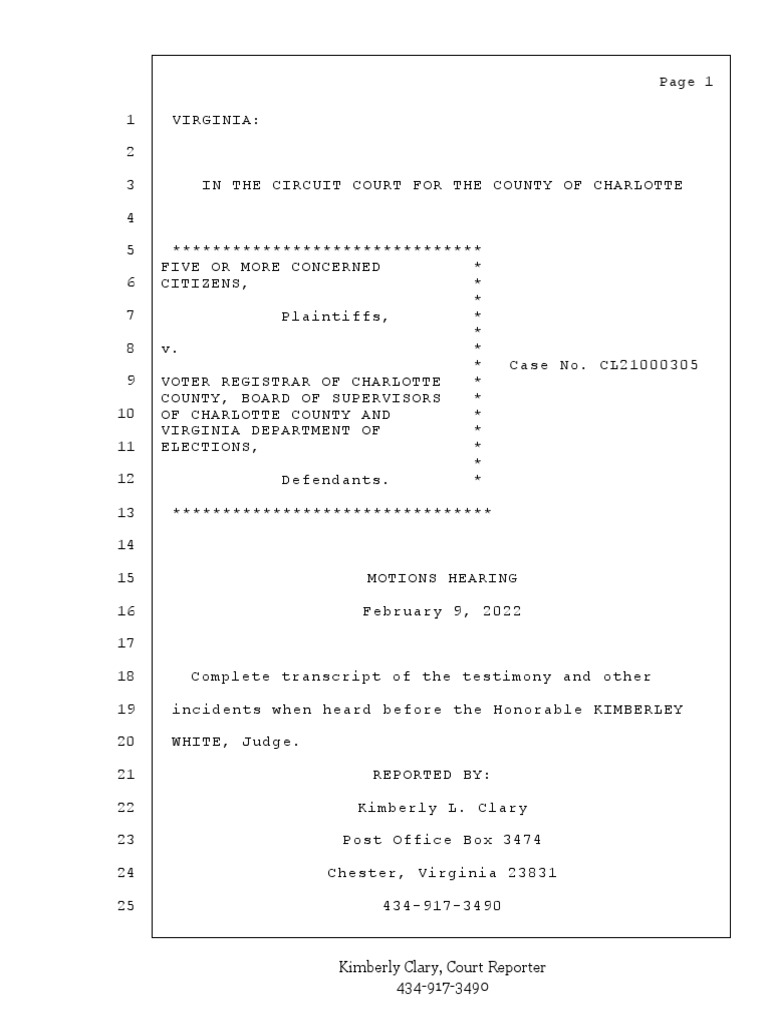 Transcript - Five Concerned Citizens v. Voter Registrar of Charlotte ...
