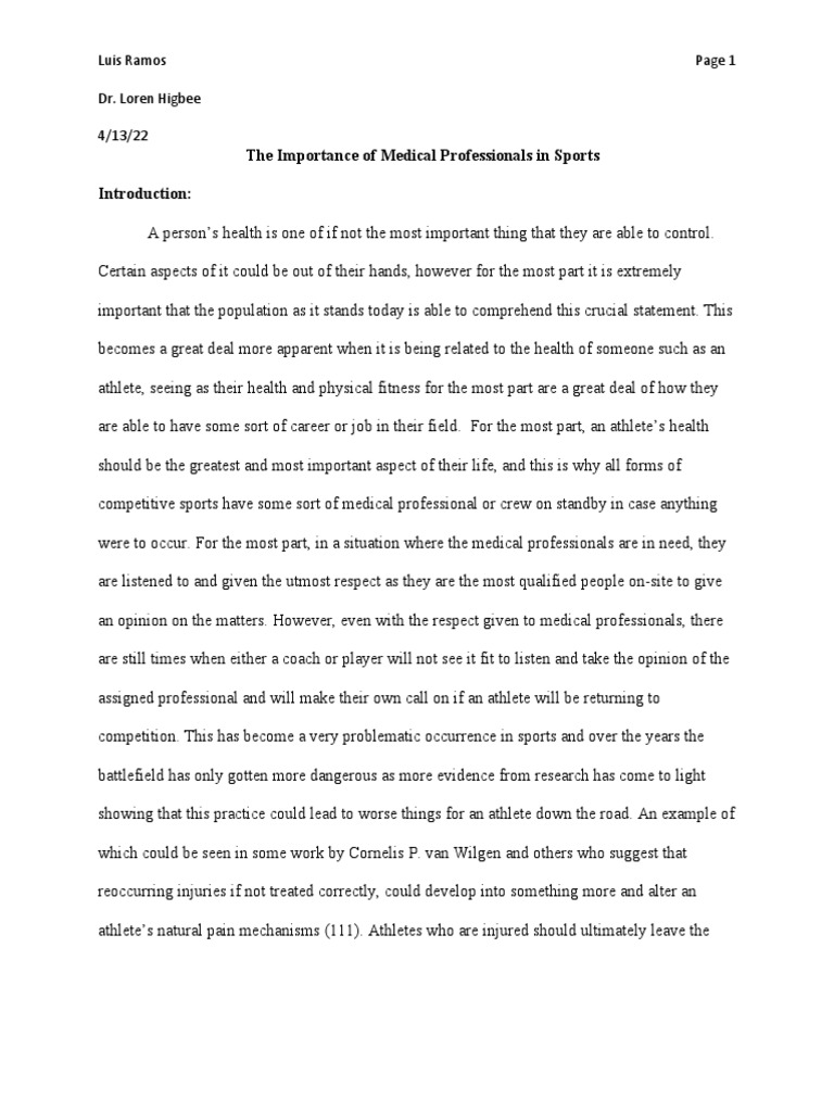 The Importance of Medical Professionals in Sports PDF Essays Risk