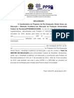 Declaração de defesa de dissertação no Mestrado em Educação da UNIR