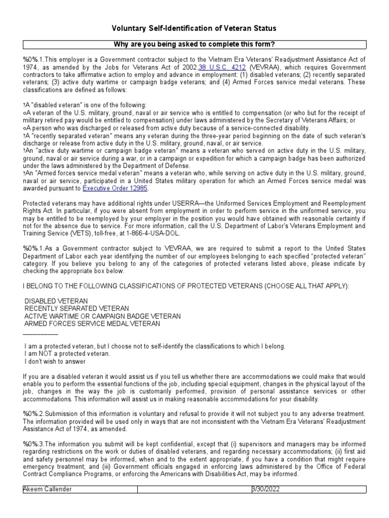 Voluntary SelfIdentification of Veteran Status Why Are You Being