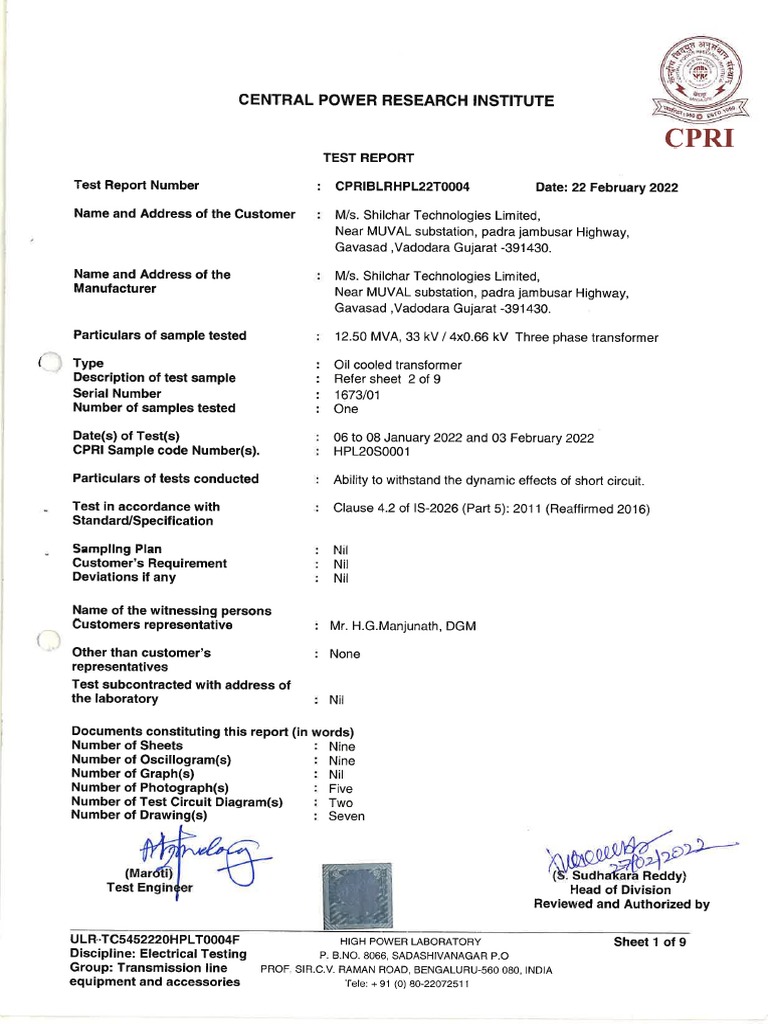 SC Report - 12.5 MVA IDT - AL | PDF