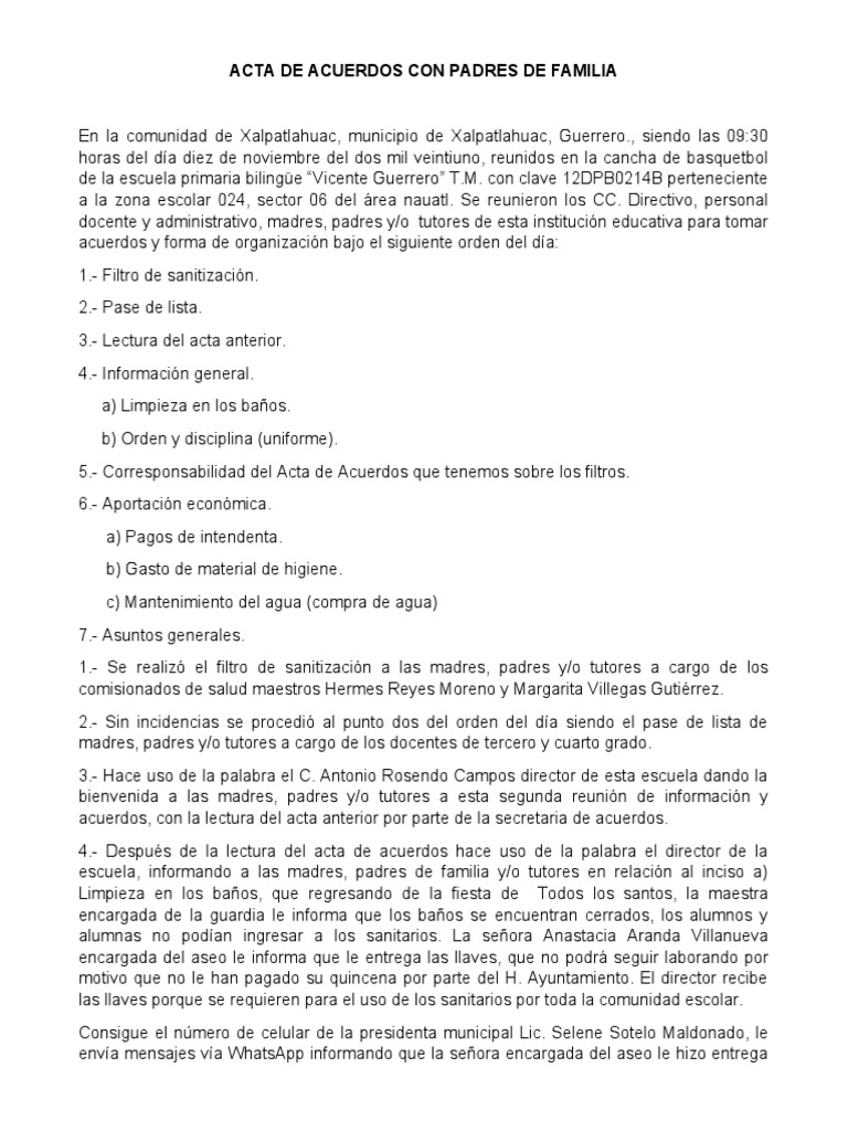 Acta de Acuerdos Con Padres de Familia 2 | PDF