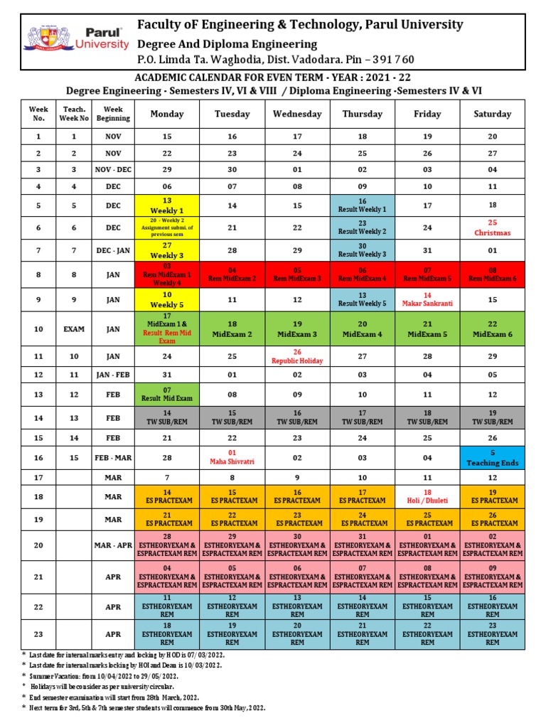 Academic Calendar 21 22 Even PDF Academic Term Social Institutions
