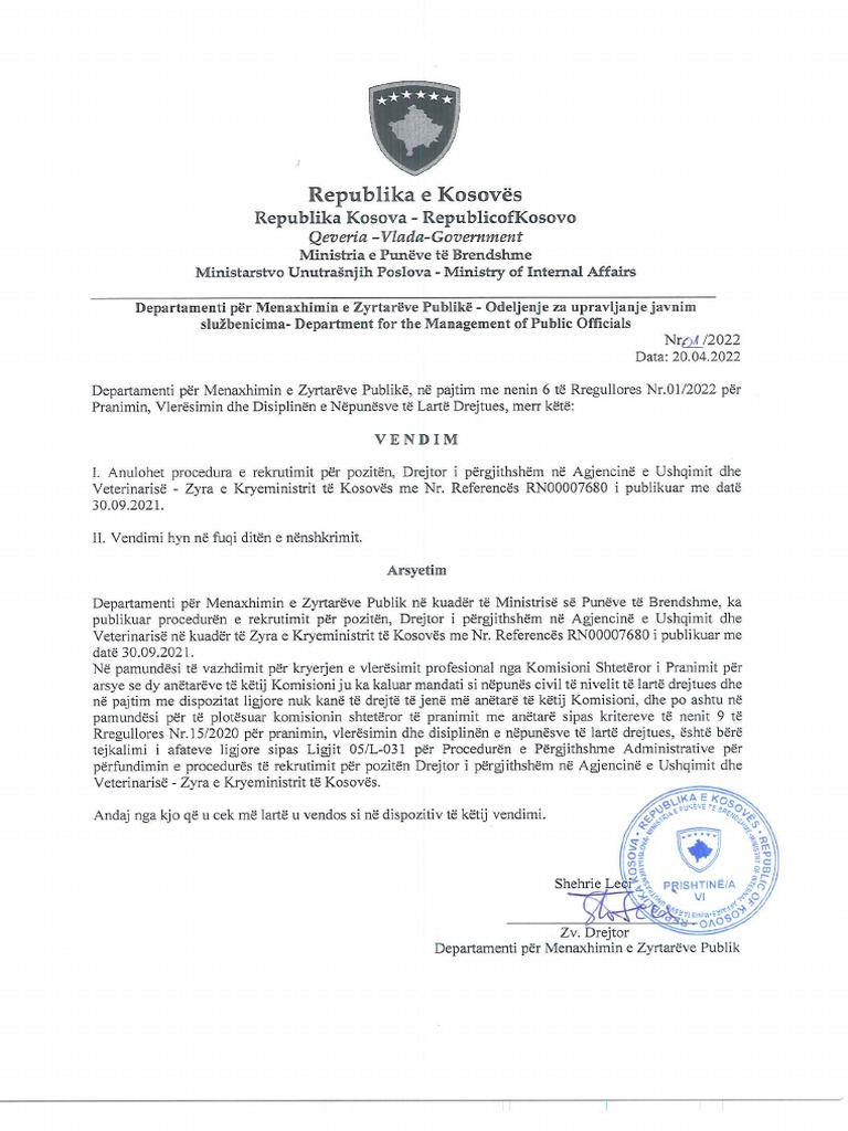 Vendim Per Anulim Te Procedures Se Rekrutimit AUV | PDF