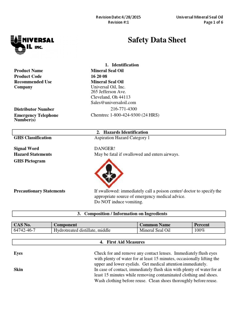 Universal Mineral Seal Oil SDS PDF Firefighting Water