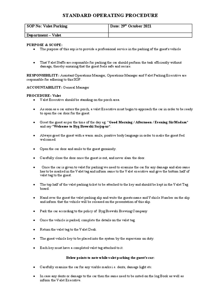Standard Operating ProcedureValet PDF Car