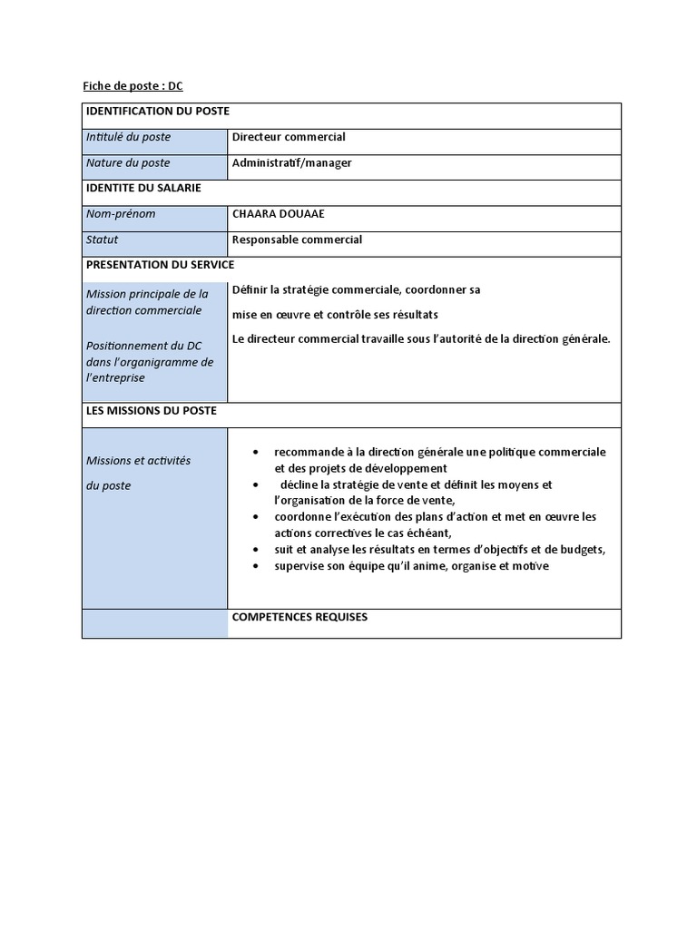 Fiche de poste : Directeur commercial | PDF | Sodles | Business