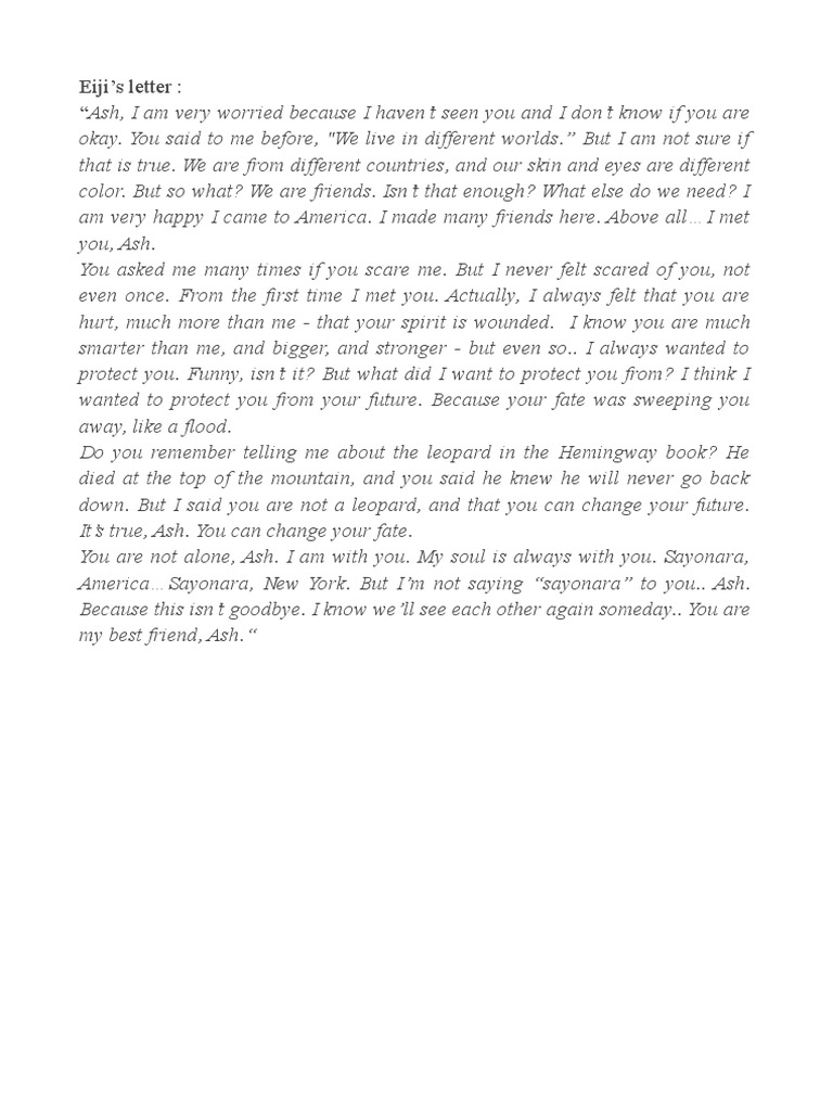 Eiji's Heartfelt Letter to Ash | PDF
