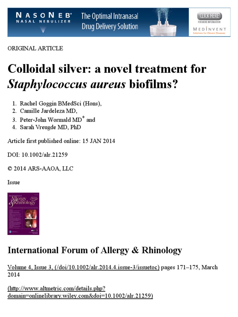 Colloidal SilverA Novel Treatment For Staphylococcus Aureus Biofilms