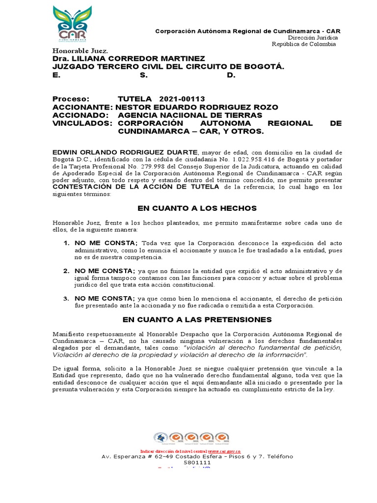 Contestación Tutela 2021-00113 | PDF | Jurisdicción | Corporaciones