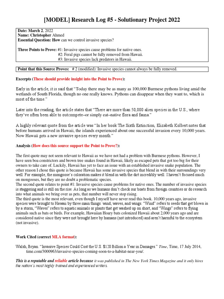 Research Log Example 2 | PDF | Invasive Species | Organisms