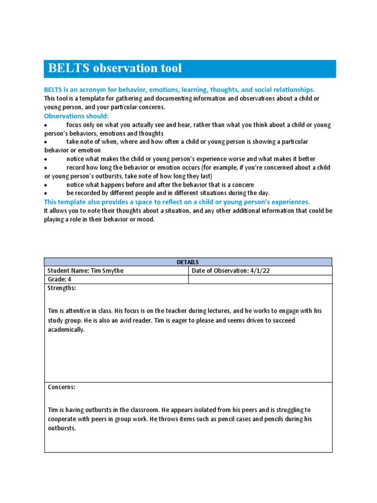 BELTS Observation Tool for Student Behavior | PDF | Teachers | Thought