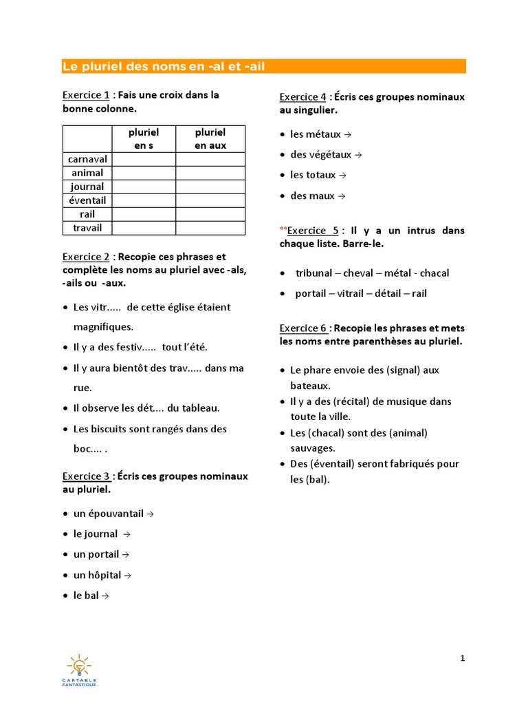 Le Pluriel Des Noms Cm1 Exercices à Imprimer Le Pluriel Des Noms en Al Et Ail | PDF