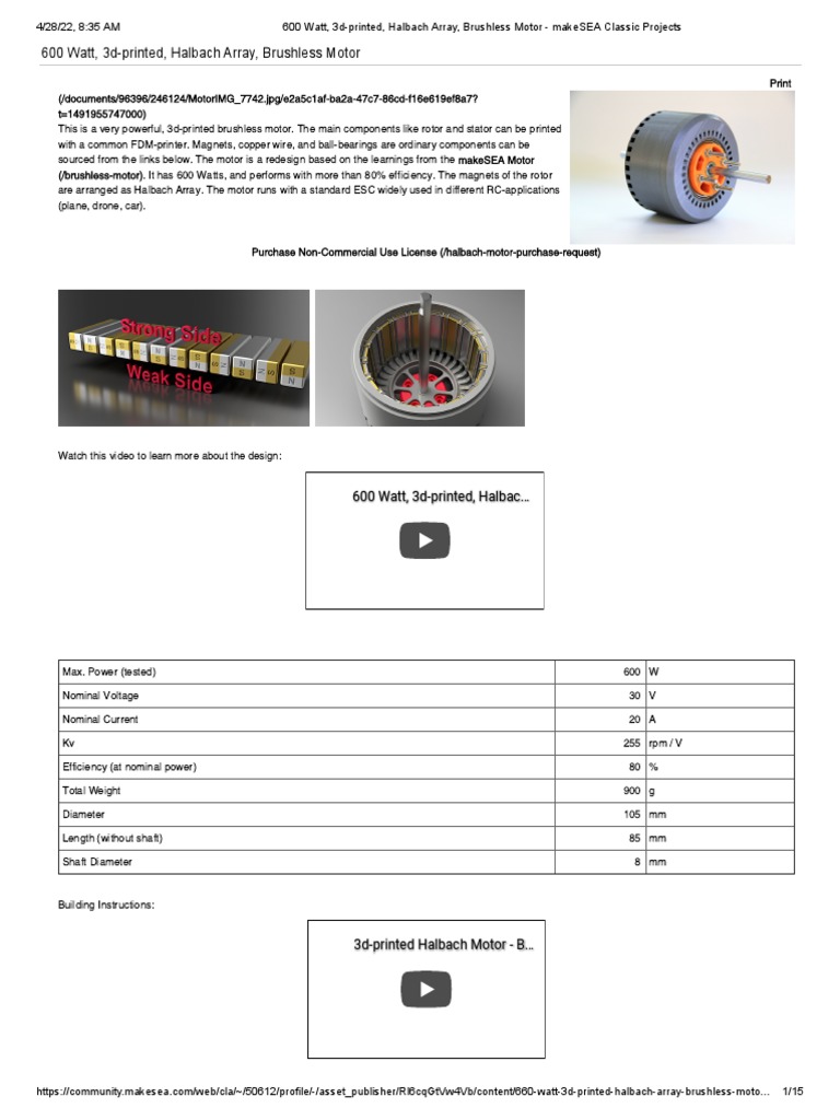 600 Watt, 3d-Printed, Halbach Array, Brushless Motor - makeSEA Classic ...