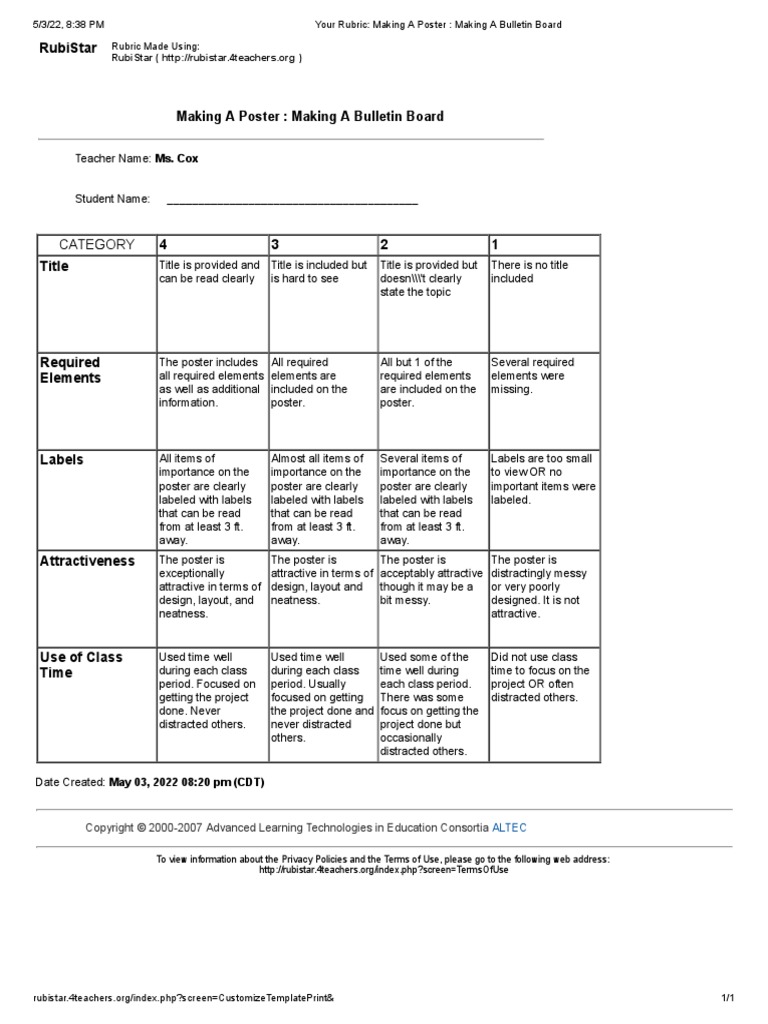 Your Rubric Making A Poster Making A Bulletin Board PDF