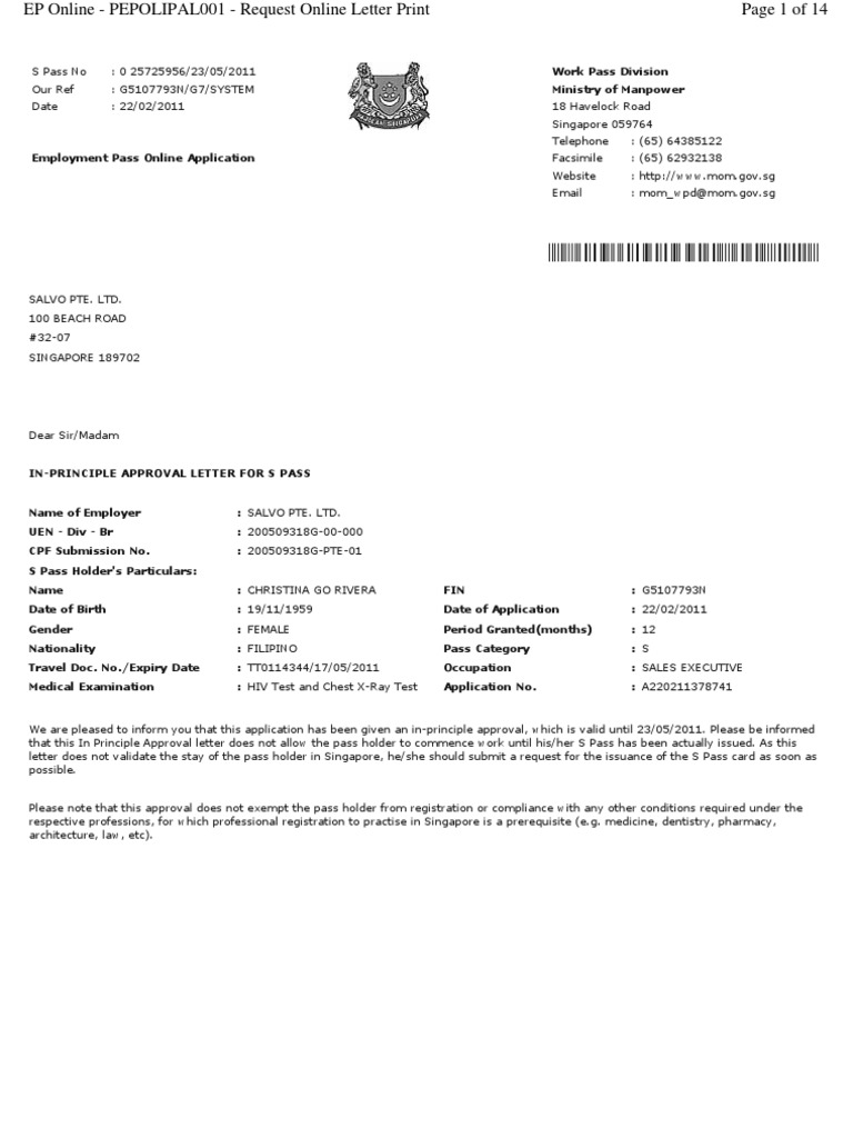 S Pass In-Principle Approval Letter | PDF | Employment | Physical ...