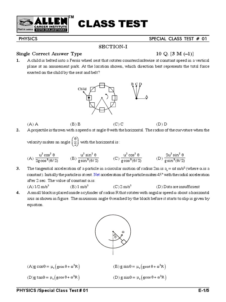 Physics Special Class Test #01 | PDF | Acceleration | Rotation Around A ...