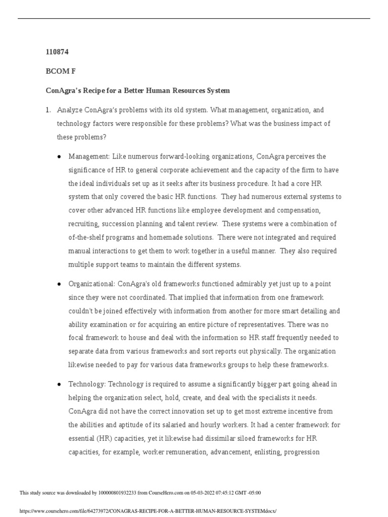 Conagra S Recipe For A Better Human Resource System PDF Human