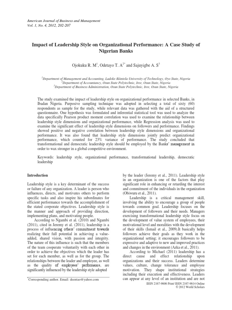 Impact of Leadership Style On Organizational Performance: A Case Study ...