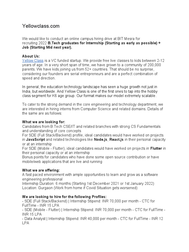 Job (Starting Mid Next Year) About Us Yellow Class PDF