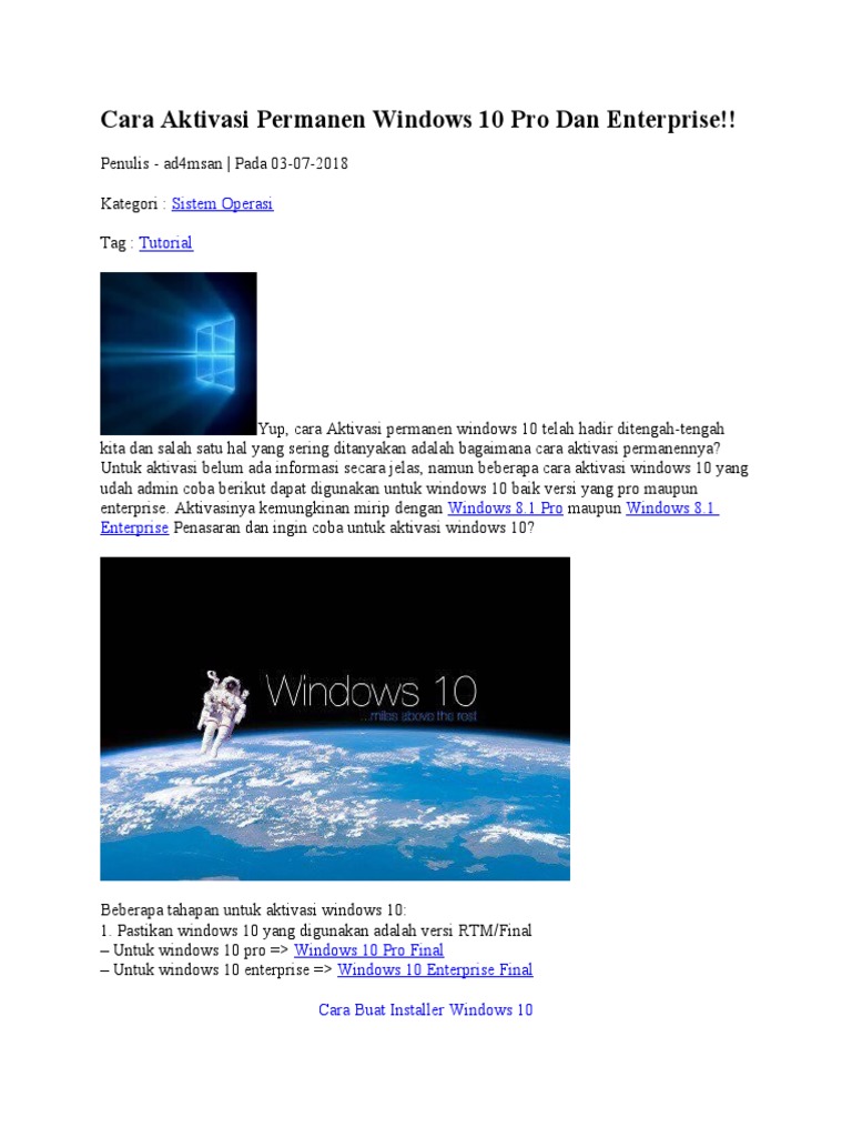 aktivasi windows 10 pro permanen cmd