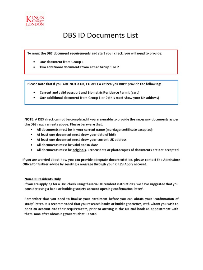 DBS ID Document Requirements A Guide to Acceptable Identity Documents for Disclosure and
