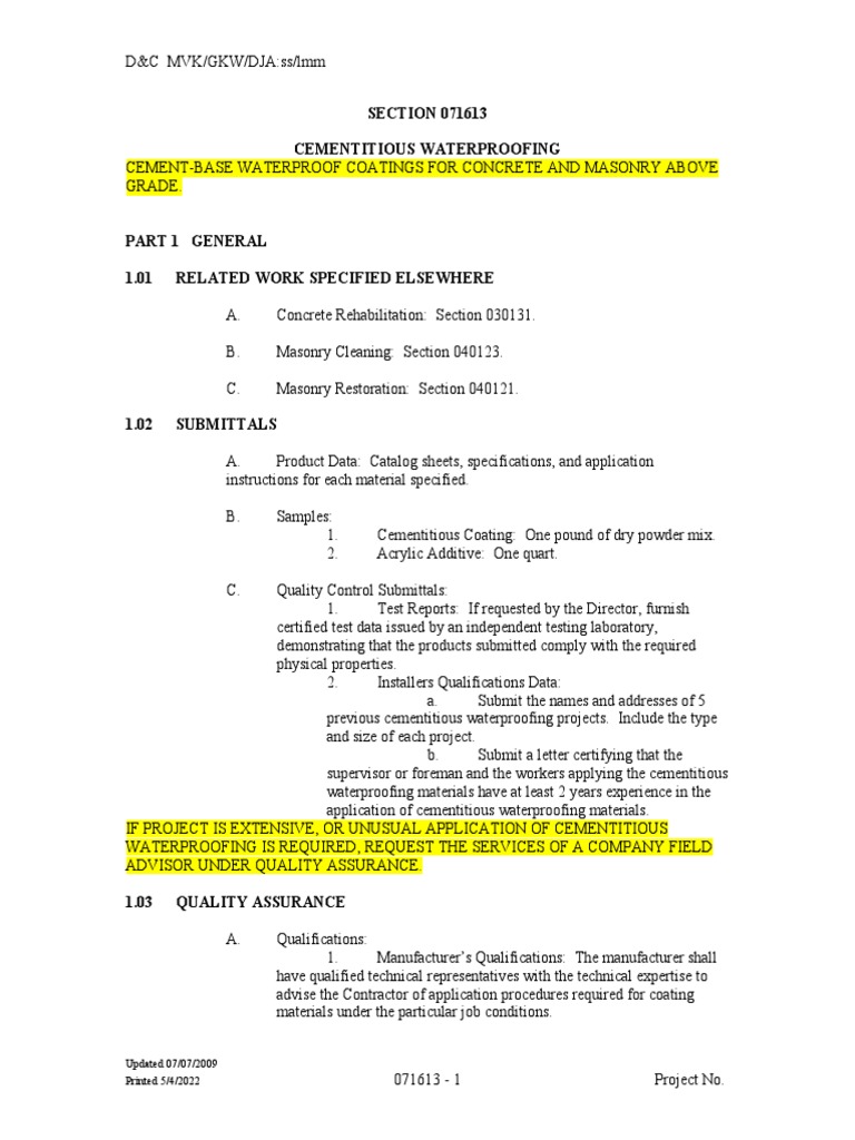 Cementitious Waterproofing Guidelines | PDF | Concrete | Plaster