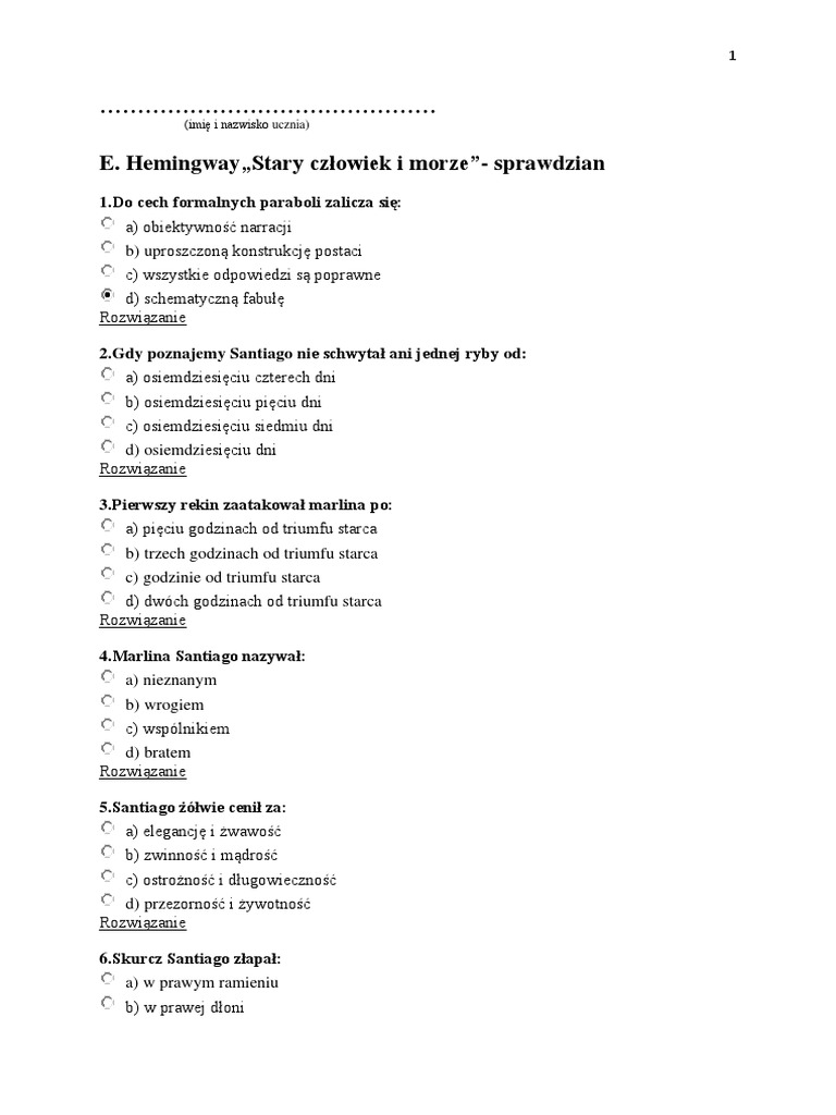 Cechy Santiago Stary Człowiek I Morze STARY CZŁOWIEK I MORZE Test | PDF