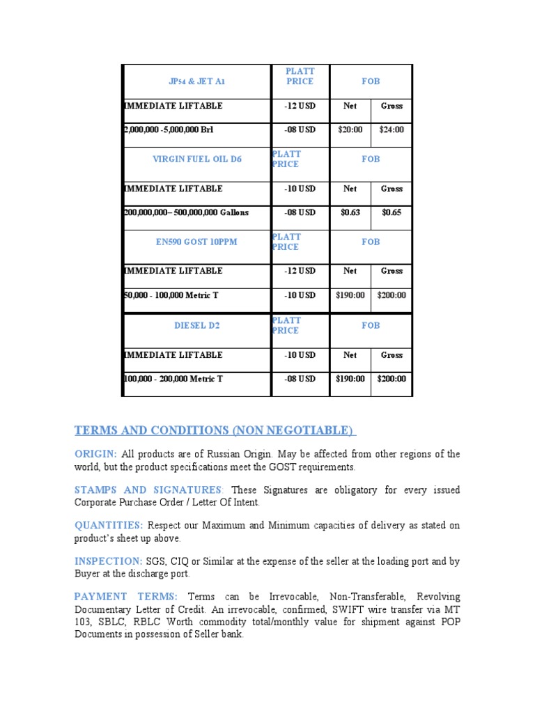Terms and Conditions (Non Negotiable) JP & Jet A Platt Price FOB