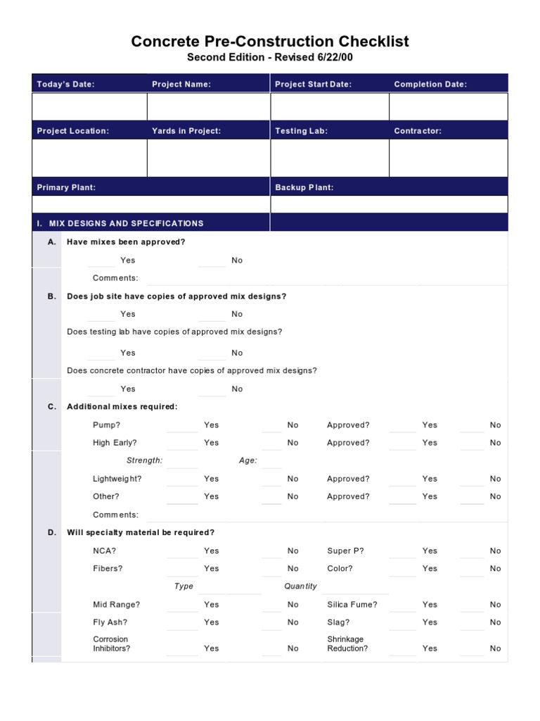 Concrete Pre-Construction Checklist: Second Edition - Revised 6/22/00 ...