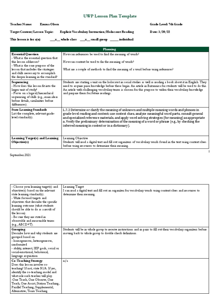 UWP Lesson Plan Template: Planning | PDF | Educational Assessment ...