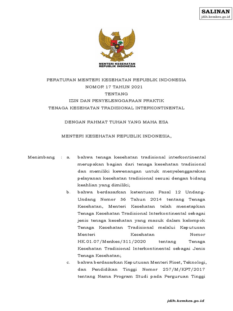 PMK No. 17 Tahun 2021 Tentang Izin Dan Penyelenggaraan Praktik Tenaga