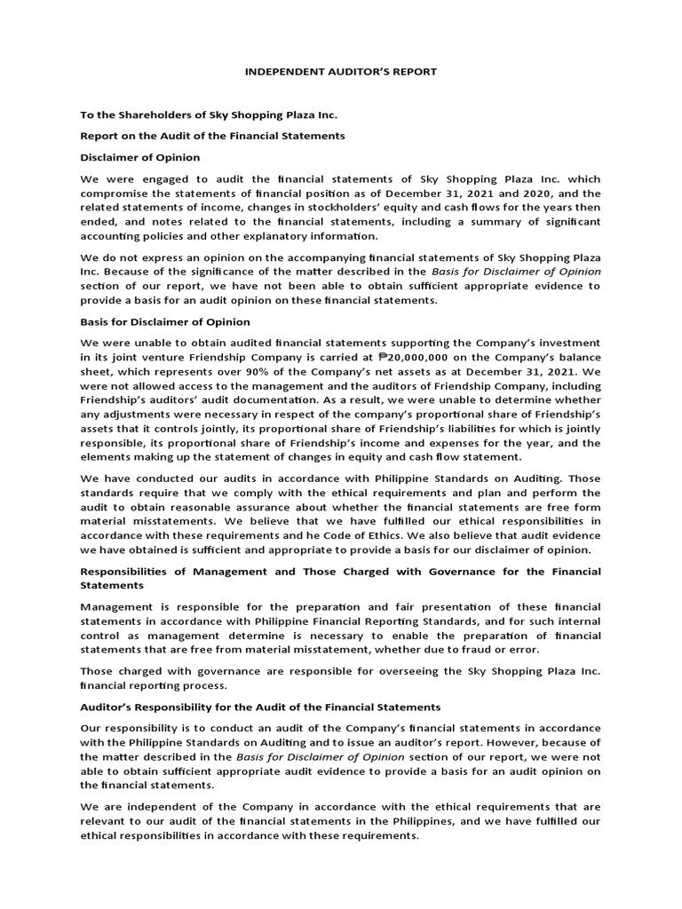 Sky Shopping Plaza Audit Disclaimer Report | PDF | Audit | Auditor's Report