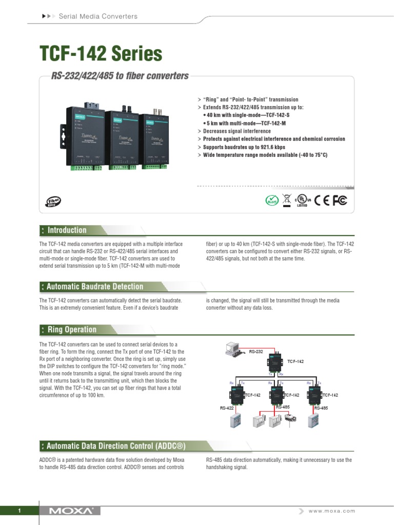 TCF-142 Series: RS-232/422/485 To Fiber Converters | PDF | Optical ...